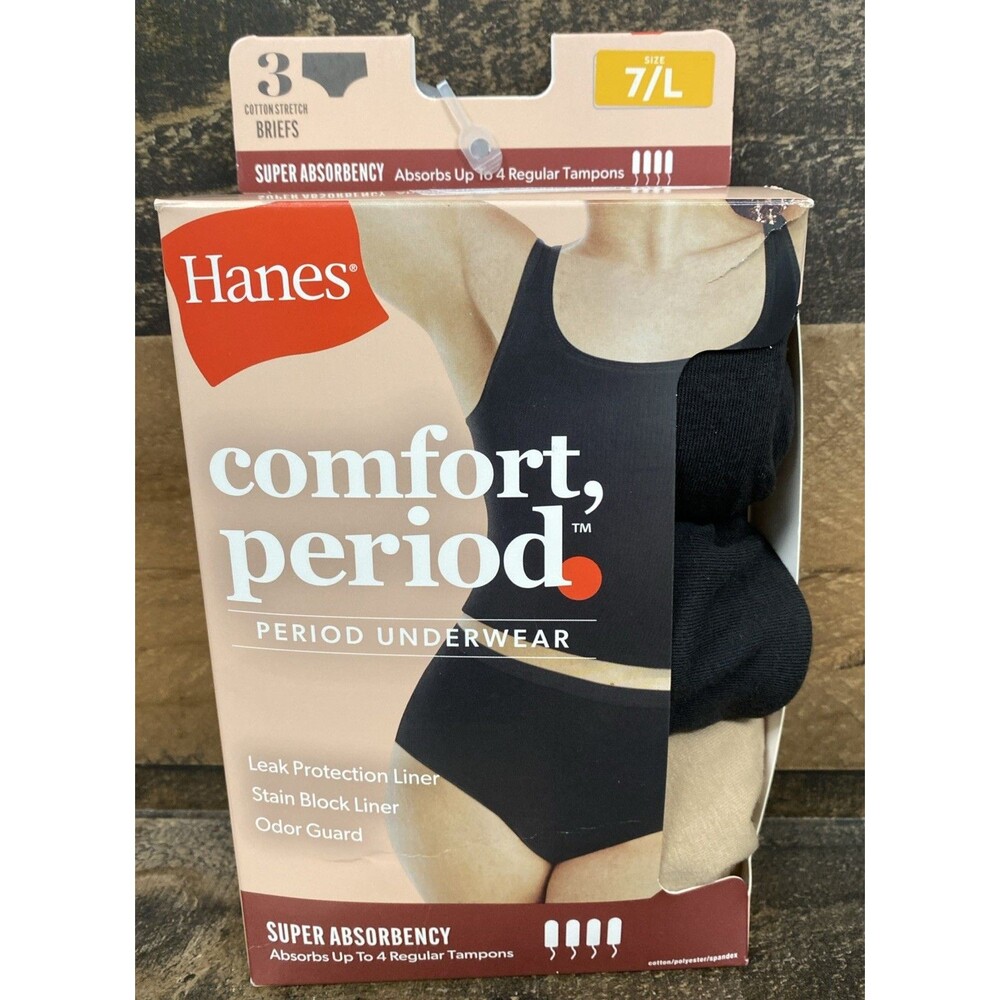 Hanes Women's Comfort, Period Super Protection Briefs - Sz 7  Large - 3 Pair New